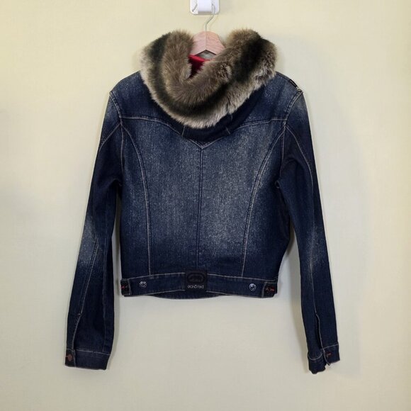 Vtg Ecko Red Jacket Women 14 Denim Faux Fur Hood No Pockets Lined Y2K Runs Small - Picture 2 of 16